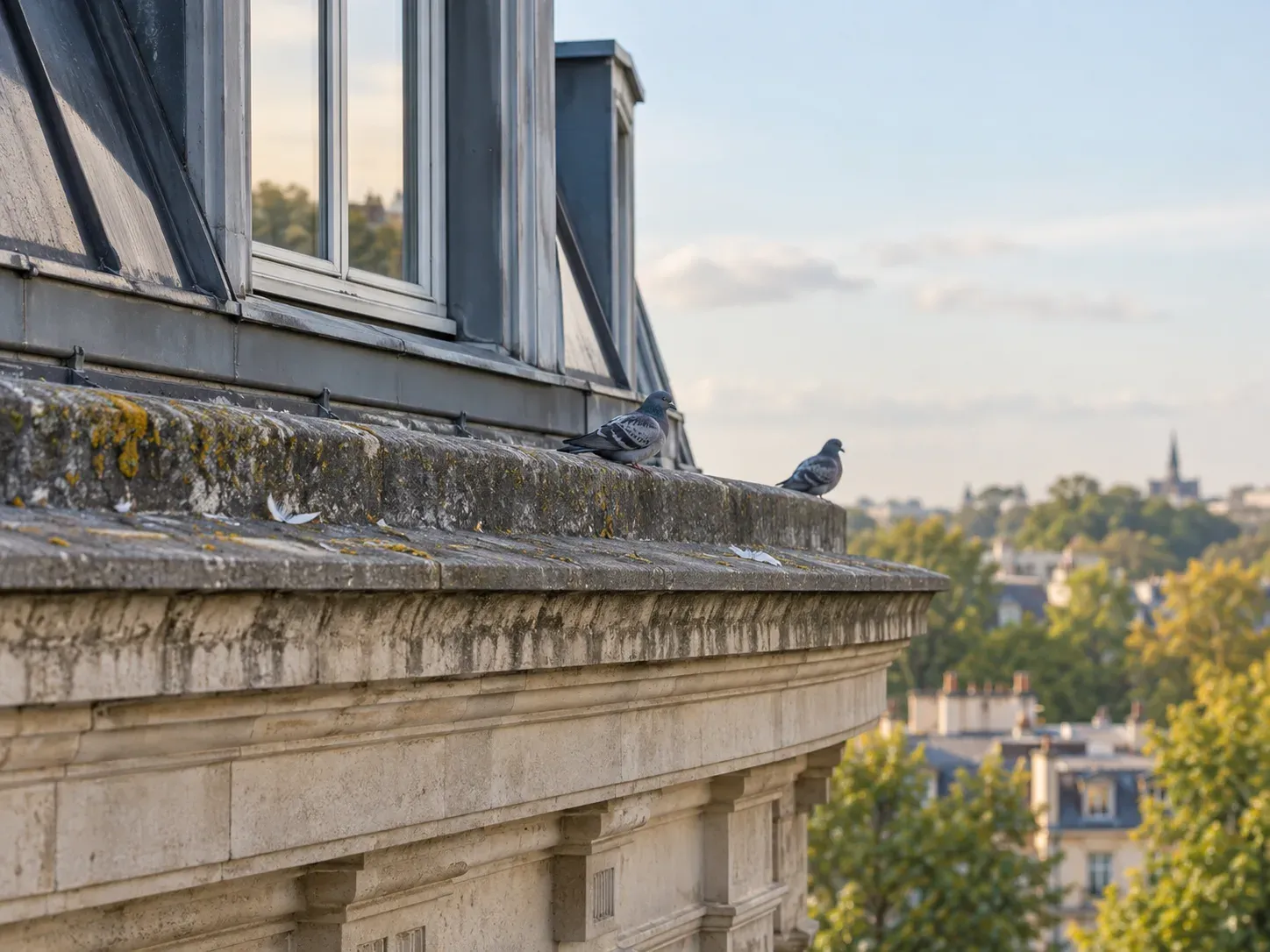 Rebord de toiture générique avec traces de fréquentation d’oiseaux
