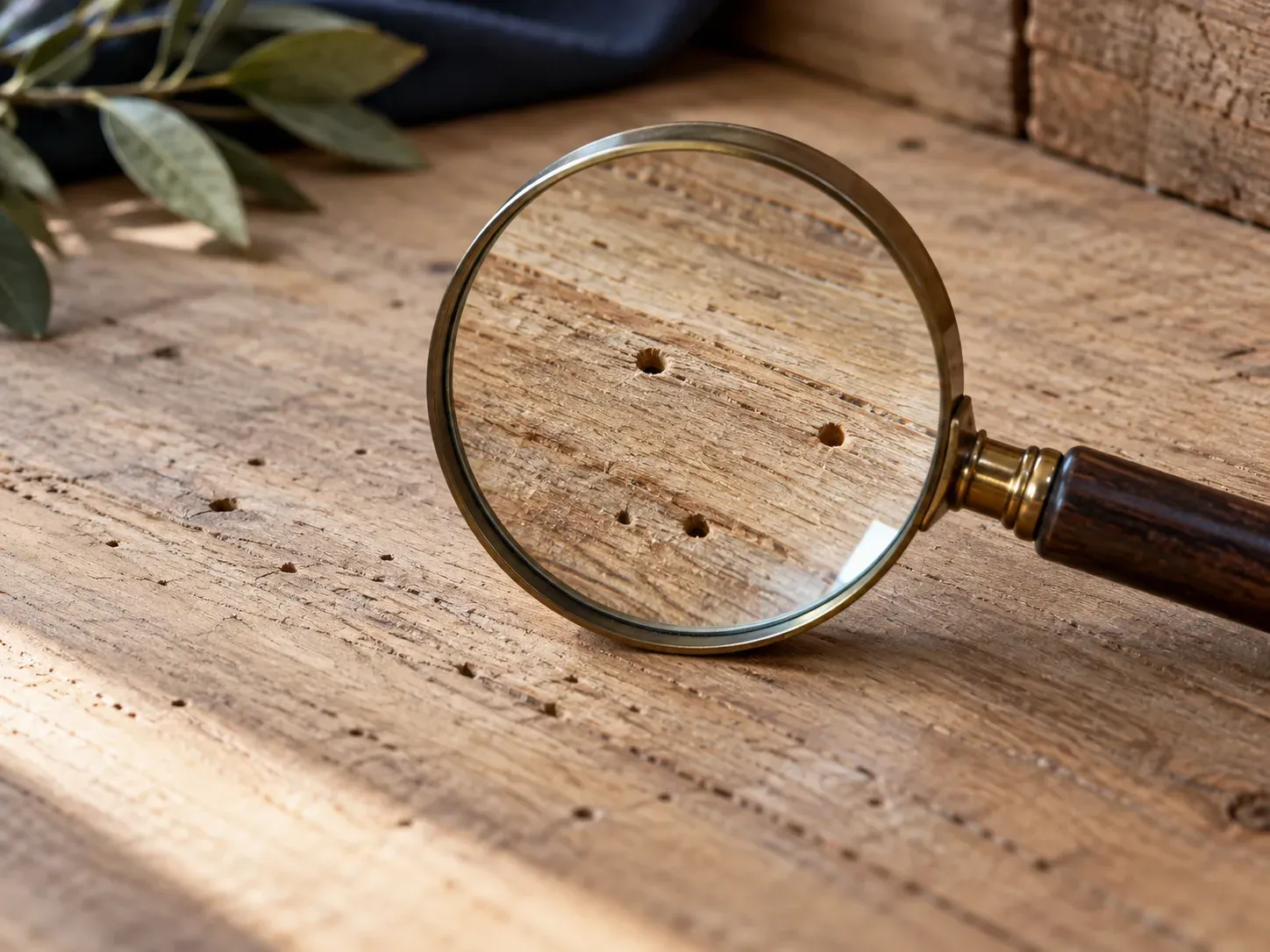 Surface en bois générique avec indices visuels et loupe