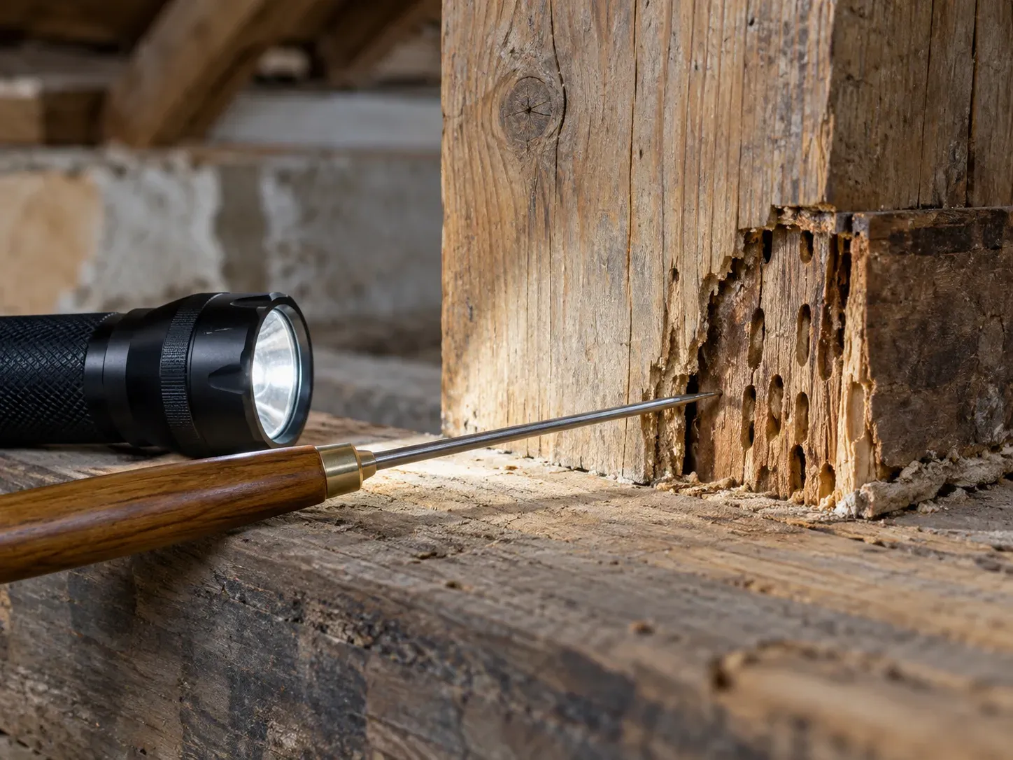 Sonde et lampe près d’une pièce de bois avec galeries visibles